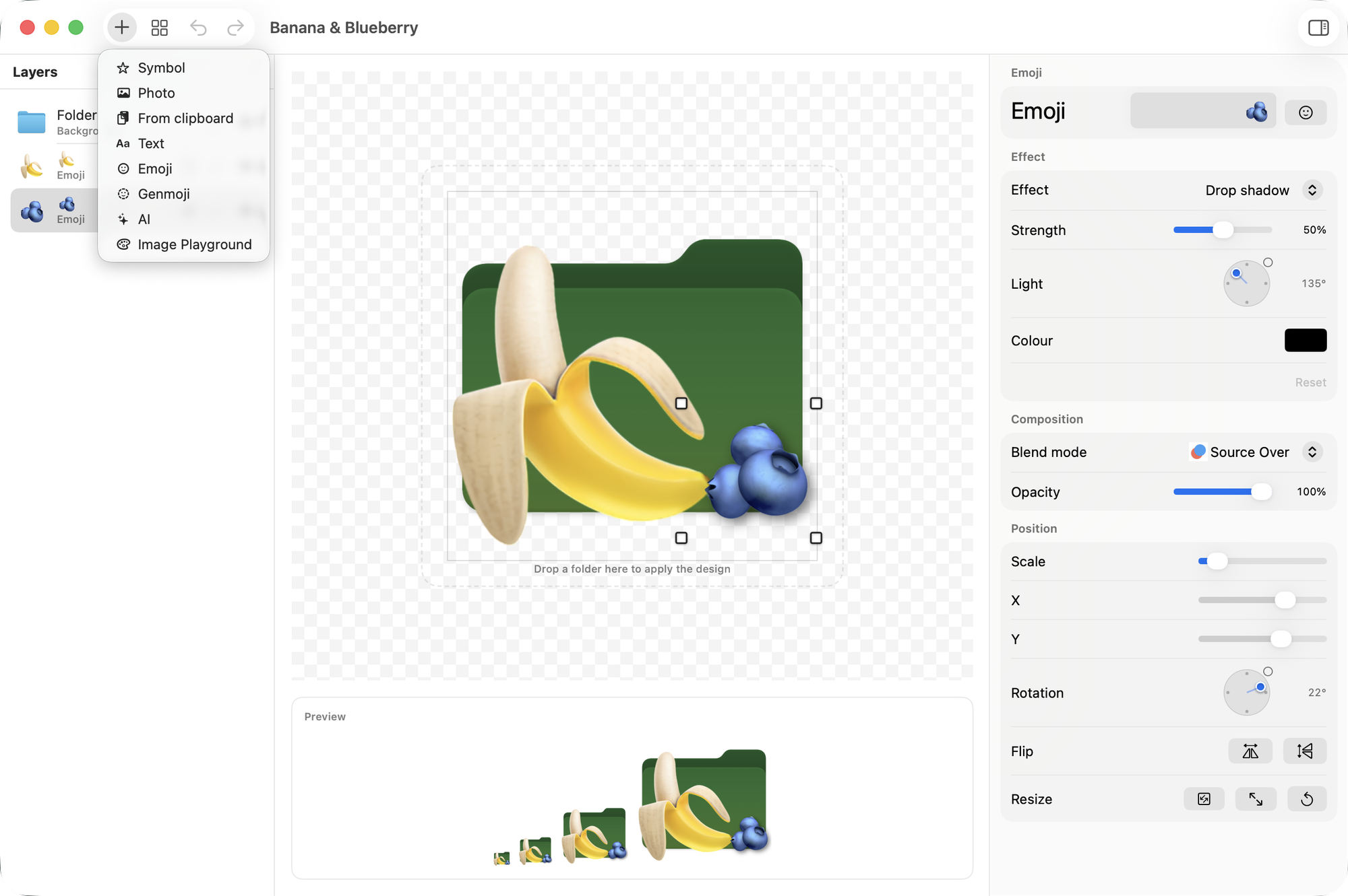 The add-layer menu open over a green folder with a banana and blueberries. The menu lists Symbol, Photo, From clipboard, Text, Emoji, Genmoji, AI and Image Playground.