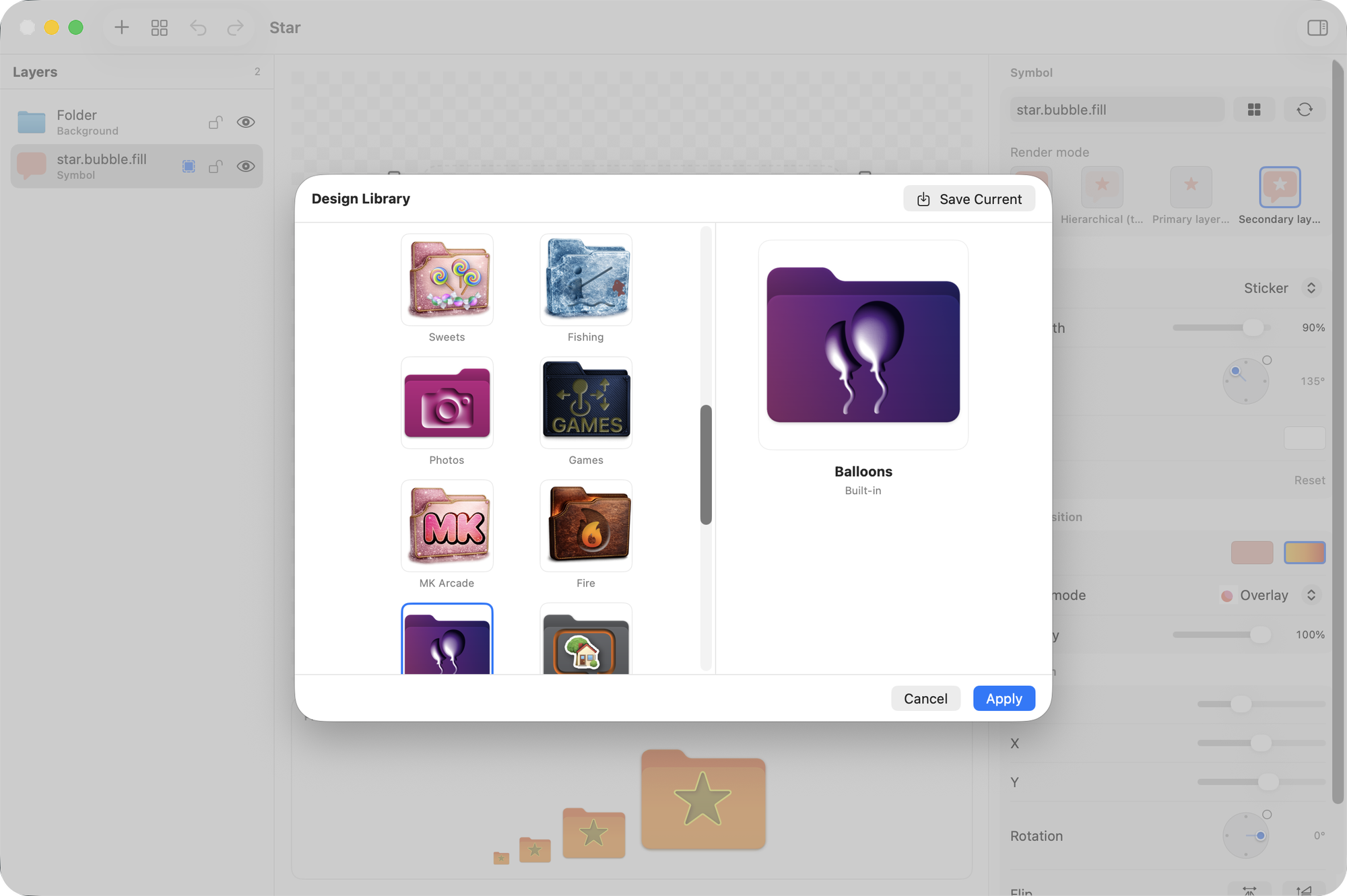 The Design Library over the editor, showing built-in designs called Sweets, Fishing, Photos, Games, MK Arcade, Fire and Balloons, with Balloons selected and a Save Current button.