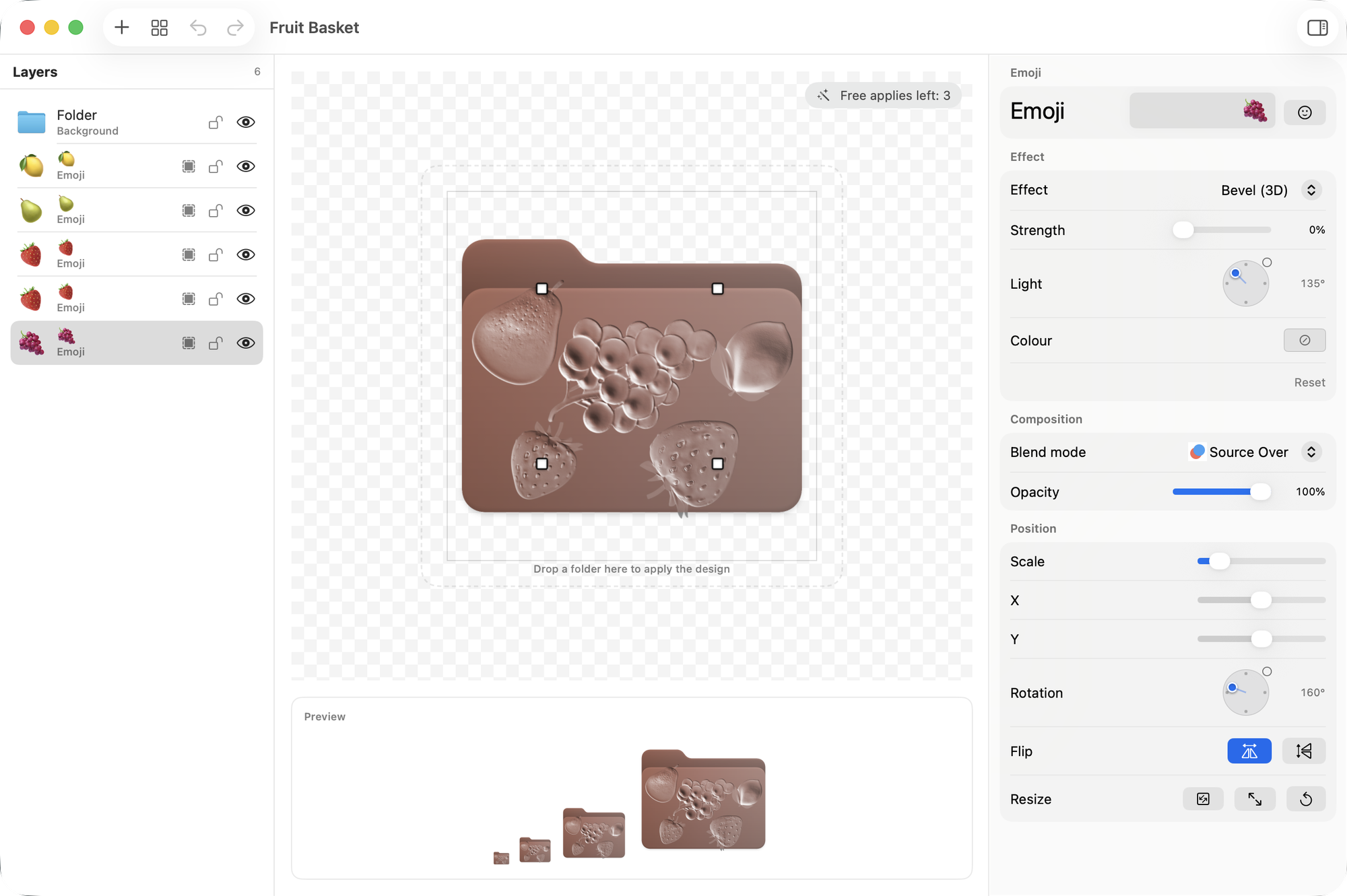The Fruit Basket design, fruit emoji pressed into a dusky pink folder, with a badge on the canvas reading Free applies left: 3.